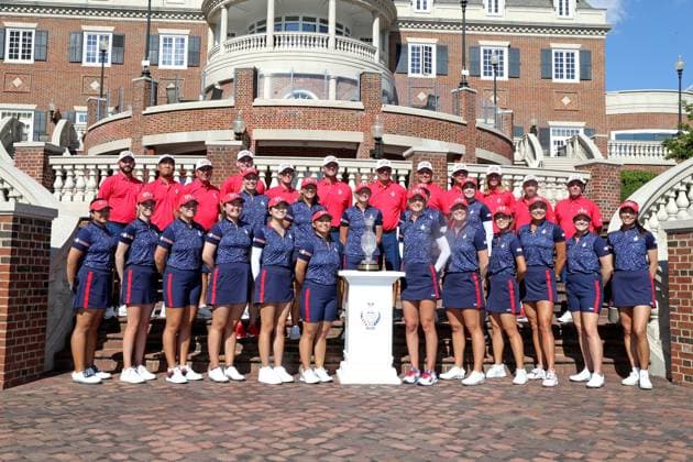 GAINESVILLE, VA - SEPTEMBER 10: Team USA poses for a team photo with their caddies during the first day of practice for the 2024 Solheim Cup at Robert Trent Jones Golf Club at Gainesville, Virginia (Photo by Brian Spurlock Icon Sportswire) GOLF: SEP 10 LPGA, Golf Damen Solheim Cup EDITORIAL USE ONLY Icon24091022