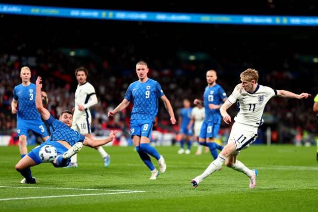 10th September 2024; Wembley Stadium, London, England; Nations League, League B, Group 2 International Football, England versus Finland; Anthony Gordon shoots on goal  ActionPlus12691322 ShaunxBrooks