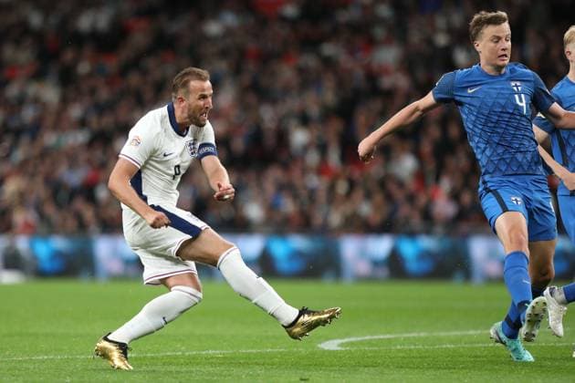 Harry Kane of England scores his first goal during the UEFA Nations League match between England and Finland at Wembley Stadium, London, England on 10 September 2024. Copyright: xJoshuaxSmithx 41750031