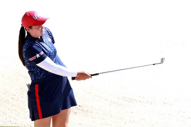 GAINESVILLE, VA - SEPTEMBER 10: Team USA golfer Allisen Corpuz hits a sand shot during the first day of practice for the 2024 Solheim Cup at Robert Trent Jones Golf Club at Gainesville, Virginia (Photo by Brian Spurlock Icon Sportswire) GOLF: SEP 10 LPGA, Golf Damen Solheim Cup EDITORIAL USE ONLY Icon24091056