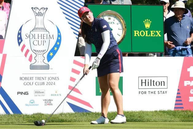 GAINESVILLE, VA - SEPTEMBER 10: Team USA golfer Allisen Corpuz plays a tee shot during the first day of practice for the 2024 Solheim Cup at Robert Trent Jones Golf Club at Gainesville, Virginia (Photo by Brian Spurlock Icon Sportswire) GOLF: SEP 10 LPGA, Golf Damen Solheim Cup EDITORIAL USE ONLY Icon24091071