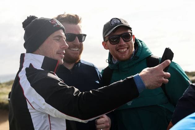 2024 Amgen Irish Open - Pro Am, Royal County Down, Newcastle, Northern Ireland 11 9 2024 Tommy Bowe takes a selfie with fans Tommy Bowe takes a selfie with fans 11 9 2024  Copyright: x INPHO BenxBradyx BB_13840