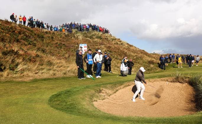 2024 Amgen Irish Open - Pro Am, Royal County Down, Newcastle, Northern Ireland 11 9 2024 Rory McIlroy chips out of the bunker and onto the green on the 9th Rory McIlroy chips out of the bunker and onto the green on the 9th 11 9 2024  Copyright: x INPHO BenxBradyx BB_14009