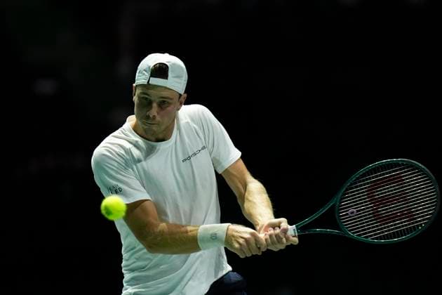 12th September 2024; AO Arena, Manchester, England; Davis Cup Finals, Group Stage, Group D Day 3; Eero Vasa of Finland plays a backhand shot during the first set  ActionPlus12691586 StevenxFlynn
