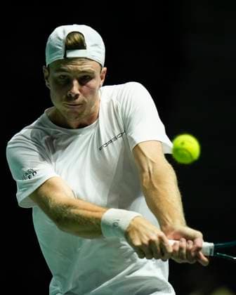 12th September 2024; AO Arena, Manchester, England; Davis Cup Finals, Group Stage, Group D Day 3; Eero Vasa of Finland plays a backhand shot during the first set  ActionPlus12691591 StevenxFlynn
