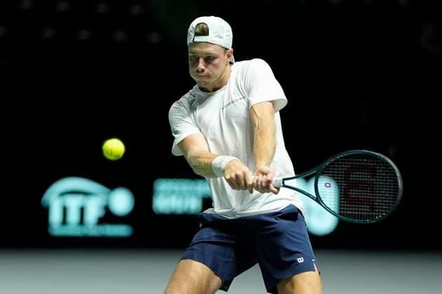 12th September 2024; AO Arena, Manchester, England; Davis Cup Finals, Group Stage, Group D Day 3; Eero Vasa of Finland plays a backhand shot during the second set  ActionPlus12691604 StevenxFlynn