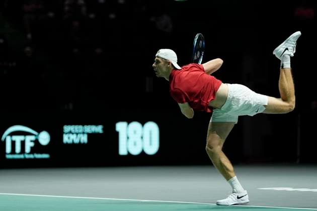 12th September 2024; AO Arena, Manchester, England; Davis Cup Finals, Group Stage, Group D Day 3; Denis Shapovalov of Canada serves during the first set  ActionPlus12691575 StevenxFlynn
