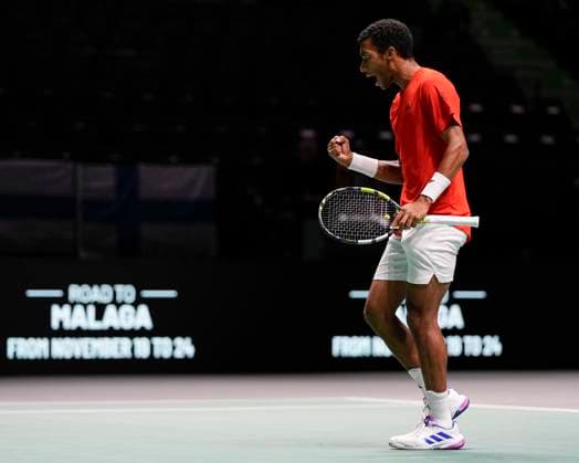 12th September 2024; AO Arena, Manchester, England; Davis Cup Finals, Group Stage, Group D Day 3; Felix Auger-Aliassime of Canada celebrates after winning a game during the first set  ActionPlus12691627 StevenxFlynn