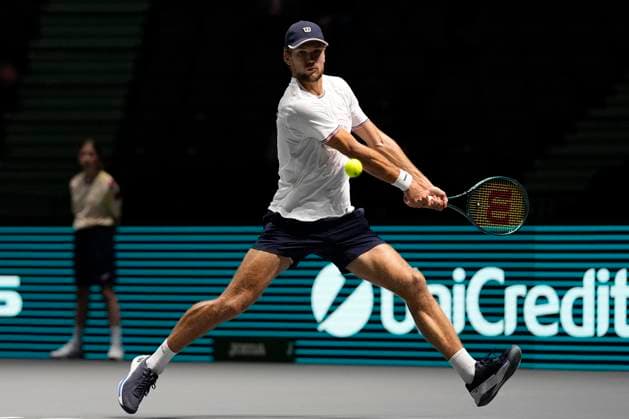 12th September 2024; AO Arena, Manchester, England; Davis Cup Finals, Group Stage, Group D Day 3; Otto Virtanen of Finland plays a backhand shot during the first set  ActionPlus12691628 StevenxFlynn