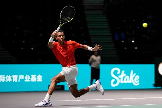 12th September 2024; AO Arena, Manchester, England; Davis Cup Finals, Group Stage, Group D Day 3; Felix Auger-Aliassime of Canada plays a forehand shot  ActionPlus12691632 StevenxFlynn