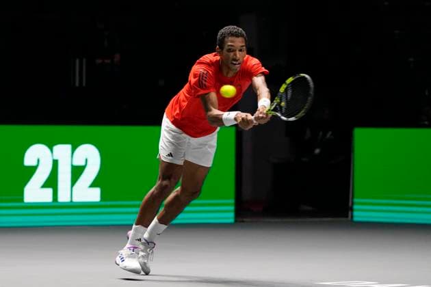 12th September 2024; AO Arena, Manchester, England; Davis Cup Finals, Group Stage, Group D Day 3; Felix Auger-Aliassime of Canada plays a backhand shot  ActionPlus12691638 StevenxFlynn
