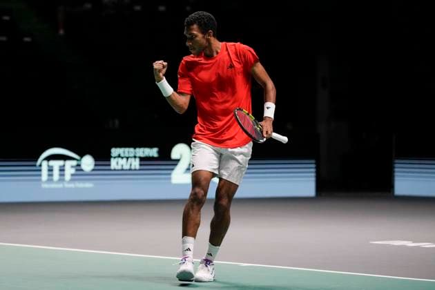 12th September 2024; AO Arena, Manchester, England; Davis Cup Finals, Group Stage, Group D Day 3; Felix Auger-Aliassime of Canada celebrates winning a set  ActionPlus12691640 StevenxFlynn