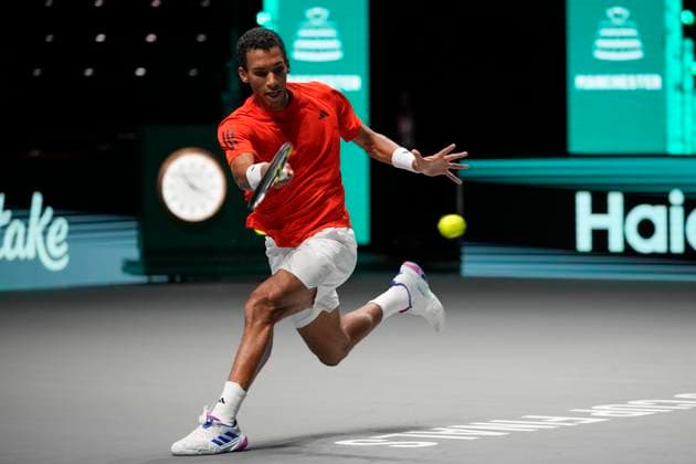 12th September 2024; AO Arena, Manchester, England; Davis Cup Finals, Group Stage, Group D Day 3; Otto Virtanen of Finland plays a forehand shot  ActionPlus12691642 StevenxFlynn