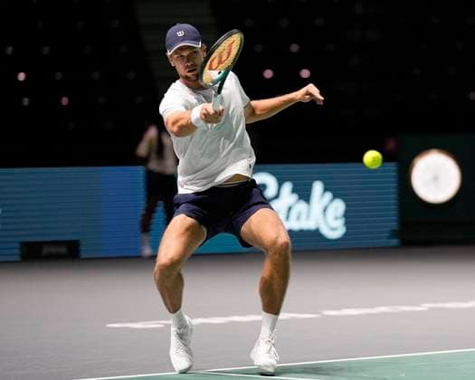 12th September 2024; AO Arena, Manchester, England; Davis Cup Finals, Group Stage, Group D Day 3; Otto Virtanen of Finland plays a forehand shot  ActionPlus12691667 StevenxFlynn