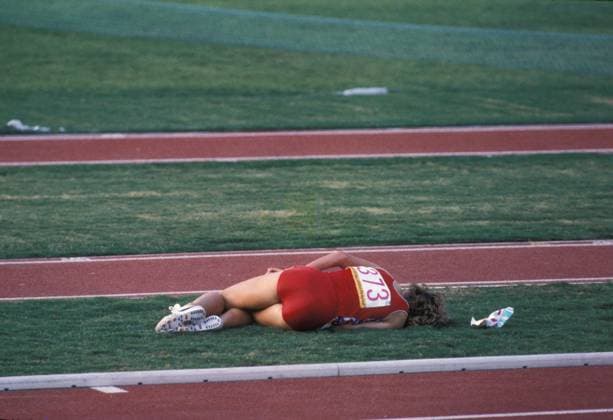 Aug 20, 1984; Los Angeles, CA, USA; At the 1984 Olympic finals, during the 3,000 meter run, MARY DECKER got tangled up with Zola Budd, a South African native who was running for Great Britain. Decker tripped, fell onto the field, and injured her hip.. Los Angeles USA - ZUMAg47_ 19840810_smp_g47_100 Copyright: xArthurxGracex