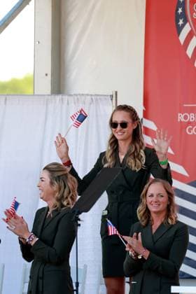 GAINESVILLE, VA - SEPTEMBER 12: Team USA golfer Nelly Korda walks in during introductions of the Opening Ceremony for the 2024 Solheim Cup on September 12th, 2024, at the Robert Trent Jones Golf Club in Gainesville, Virginia. (Photo by Brian Spurlock Icon Sportswire) GOLF: SEP 12 Solheim Cup Opening Ceremony EDITORIAL USE ONLY Icon24091223