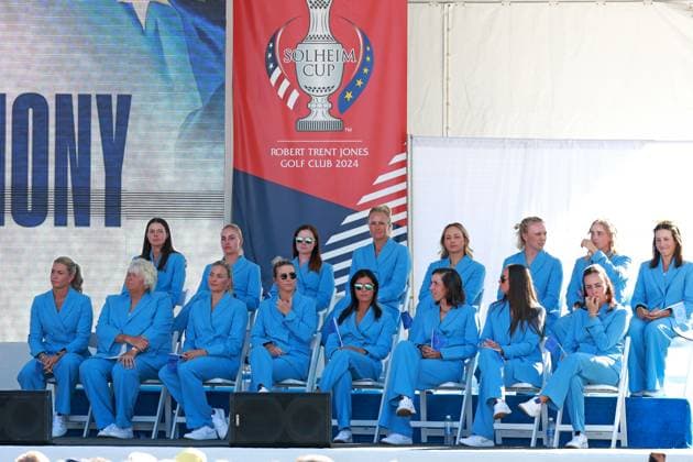 GAINESVILLE, VA - SEPTEMBER 12: Team Europe sits on stage during the Opening Ceremony for the 2024 Solheim Cup on September 12th, 2024, at the Robert Trent Jones Golf Club in Gainesville, Virginia. (Photo by Brian Spurlock Icon Sportswire) GOLF: SEP 12 Solheim Cup Opening Ceremony EDITORIAL USE ONLY Icon24091230