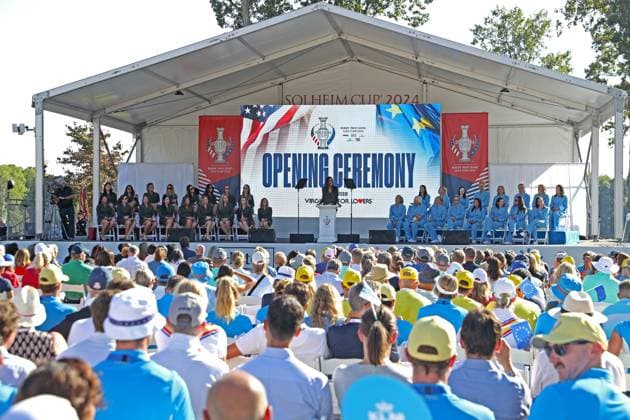 GAINESVILLE, VA - SEPTEMBER 12: Team USA and Team Europe sit on stage during the Opening Ceremony for the 2024 Solheim Cup on September 12th, 2024, at the Robert Trent Jones Golf Club in Gainesville, Virginia. (Photo by Brian Spurlock Icon Sportswire) GOLF: SEP 12 Solheim Cup Opening Ceremony EDITORIAL USE ONLY Icon24091239