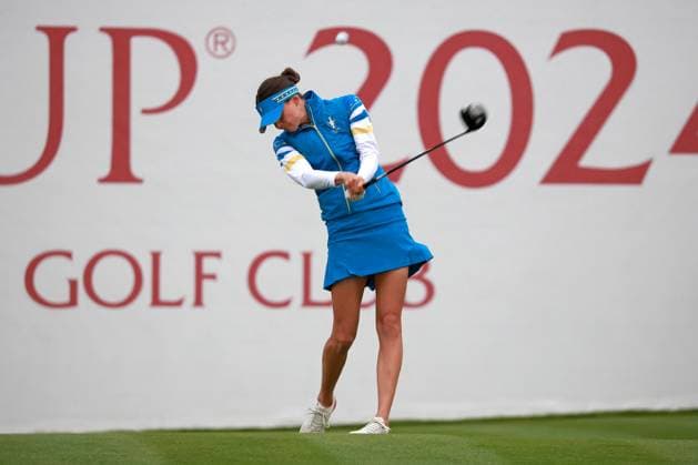 GAINESVILLE, VA - SEPTEMBER 13: Team Europe golfer Esther Henseleit plays her tee shot on the first hole during the Friday Foursomes of the first round of the 2024 Solheim Cup on September 13, 2024, at Robert Trent Jones Golf Club at Gainesville, Virginia. (Photo by Brian Spurlock Icon Sportswire) GOLF: SEP 13 Solheim Cup EDITORIAL USE ONLY Icon24091310