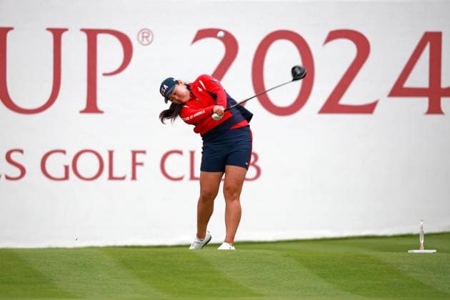 GAINESVILLE, VA - SEPTEMBER 13: Team USA golfer Allisen Corpuz plays her tee shot on the first hole during the Friday Foursomes of the first round of the 2024 Solheim Cup on September 13, 2024, at Robert Trent Jones Golf Club at Gainesville, Virginia. (Photo by Brian Spurlock Icon Sportswire) GOLF: SEP 13 Solheim Cup EDITORIAL USE ONLY Icon2409139