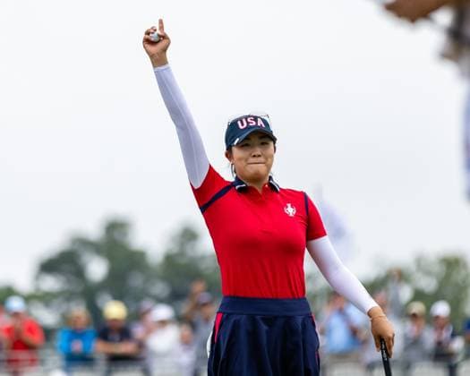 September 13, 2024, Gainesville, Va, USA: Team USA s ROSE ZHANG celebrates sinking a putt and winning the match during the morning matches of day one of the 2024 Solheim Cup. Gainesville USA - ZUMAb237 20240913_znp_b237_004 Copyright: xRobertxBlakleyx