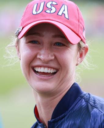 GAINESVILLE, VA - SEPTEMBER 13: USA golfer Nelly Korda reacts to winning the match on the 14th hole during the Friday Four-Ball of the first round of the 2024 Solheim Cup on September 13, 2024, at Robert Trent Jones Golf Club at Gainesville, Virginia. (Photo by Brian Spurlock Icon Sportswire) GOLF: SEP 13 Solheim Cup EDITORIAL USE ONLY Icon24091380