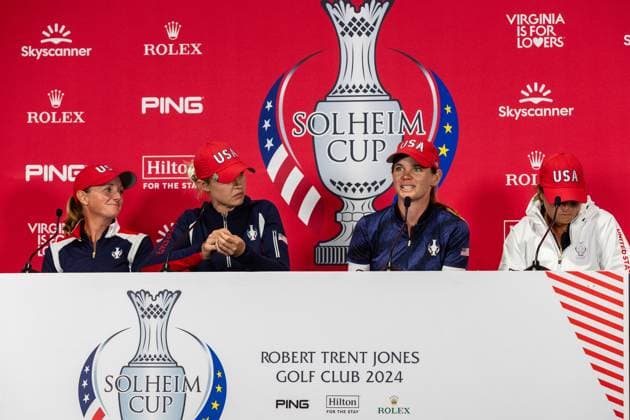 September 13, 2024, Gainesville, Va, USA: Team USA s SARAH SCHMELZEL speaks at the post match press conference, PK, Pressekonferenz on day one of the 2024 Solheim Cup. Gainesville USA - ZUMAb237 20240913_znp_b237_044 Copyright: xRobertxBlakleyx