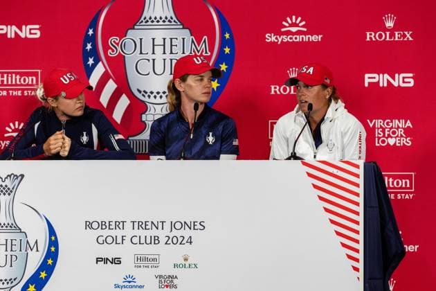September 13, 2024, Gainesville, Va, USA: Team USA s LAUREN COUGHLIN speaks at the post match press conference, PK, Pressekonferenz on day one of the 2024 Solheim Cup. Gainesville USA - ZUMAb237 20240913_znp_b237_046 Copyright: xRobertxBlakleyx