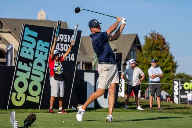 BOLINGBROOK, IL - SEPTEMBER 13: Wildcard player Hudson Swafford plays his shot from the tenth tee during day one of LIV Golf: Chicago at Bolingbrook Golf Club on September 13, 2024 in Bolingbrook, Illinois. (Photo by Ben Hsu Icon Sportswire) GOLF: SEP 13 LIV Golf League Chicago EDITORIAL USE ONLY Icon2242409130771