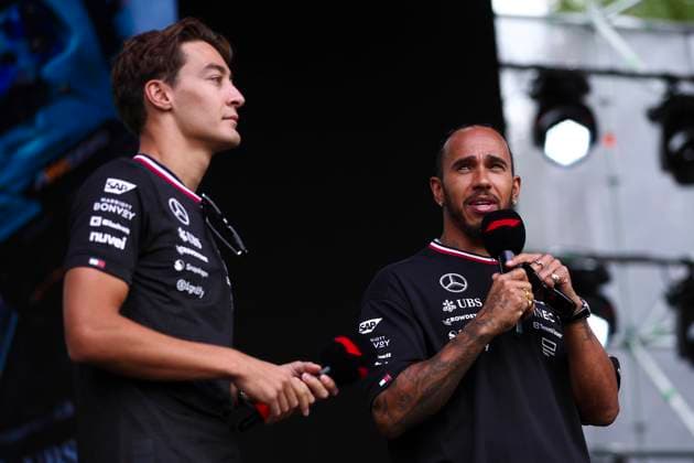 RUSSELL George (gbr), Mercedes AMG F1 Team W15, portrait and HAMILTON Lewis (gbr), Mercedes AMG F1 Team W15, portrait during the Formula 1 Azerbaijan Grand Prix 2024, 17th round of the 2024 Formula One World Championship, WM, Weltmeisterschaft from September 13 to 15, 2024 on the Baku City Circuit, in Baku, Azerbaijan - F1 - AZERBAIJAN GRAND PRIX 2024 DPPI Panoramic 240914_R17_AZERBAIJAN_DP_EA024273