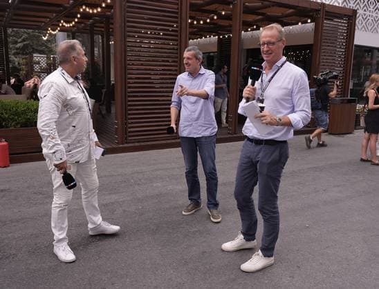 14.09.2024, Baku City Circuit , Baku, FORMULA 1 QATAR AIRWAYS AZERBAIJAN GRAND PRIX 2024 ,im Bild RTL Formel 1 Team in Baku: Moderator Kai Ebel, Experte Günther Steiner, Moderator Florian König. Defodi-506_20240914_hbr_2964