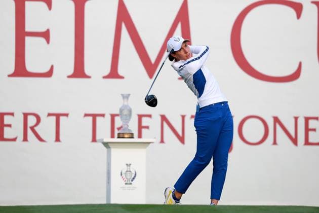 GAINESVILLE, VA - SEPTEMBER 14: Team Europe Carlota Ciganda plays her tee shot on the first hole during Saturday Foursomes during the 2024 Solheim Cup on September 14, 2024 at Robert Trent Jones Golf Club at Gainesville, Virginia. (Photo by Brian Spurlock Icon Sportswire) GOLF: SEP 14 Solheim Cup EDITORIAL USE ONLY Icon2409146