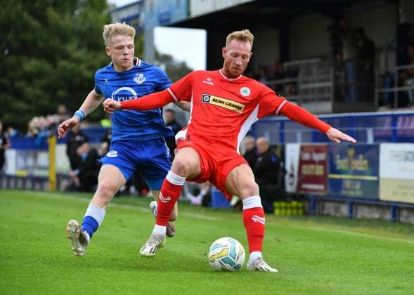 Sports Direct Irish Premiership 14 9 2024 Loughgall v Cliftonville Michael Newberry of Cliftonville and Adam Towe of Loughgall Michael Newberry and Adam Towe 14 9 2024  Copyright: x INPHO AndrewxPatonx INPHO Loughgall v Cliftonville 14092024 014