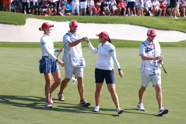 GAINESVILLE, VA - SEPTEMBER 14: Team USA golfers Nelly Korda and Allisen Corpuz react to winning the 14th hole during Saturday Foursomes during the 2024 Solheim Cup on September 14, 2024 at Robert Trent Jones Golf Club at Gainesville, Virginia. (Photo by Brian Spurlock Icon Sportswire) GOLF: SEP 14 Solheim Cup EDITORIAL USE ONLY Icon24091417
