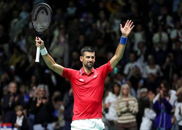 Sport Bilder des Tages Srbija v Grcka - 2024 Davis Cup World Group I Novak Djokovic of Serbia celebrates after winning match against Ioannis Xilas of Greece during the 2024 Davis Cup World Group I match between Serbia and Greece at Aleksandar Nikolic hall, on September 14, 2024 in Belgrade, Serbia. Belgrade Srbija Copyright: xSrdjanxStevanovicx x