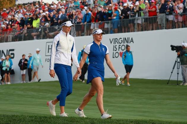 GAINESVILLE, VA - SEPTEMBER 14: From left to right Team Europe golfers Esther Henseleit and Charley Hull walk the first hole during Saturday Foursomes during the 2024 Solheim Cup on September 14, 2024 at Robert Trent Jones Golf Club at Gainesville, Virginia. (Photo by Brian Spurlock Icon Sportswire) GOLF: SEP 14 Solheim Cup EDITORIAL USE ONLY Icon24091435