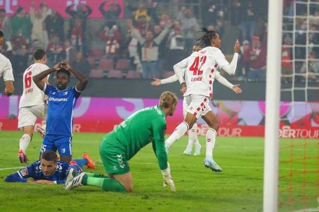 14.09.2024, 2. Fußball Bundesliga, 1. FC Köln - 1. FC Magdeburg, RheinEnergieSTADION, Saison 2024 2025: Torjubel nach dem 1:0 diurch Damion Downs (1.FC Köln 42) DFB regulations prohibit any use of photographs as image sequences and or quasi-video. Nordrhein-Westfalen Deutschland