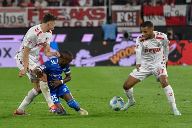 v. li. im Kampf um den Ball Eric Martel (Koeln 6) Silas Gnaka (Magdeburg 25 Linton Maina (Koeln 37) 14.09.2024 Fussball 1. FC Koeln vs 1. FC Magdeburg, Rheinenergiestadion, Koeln, DFB DFL REGULATIONS PROHIBIT ANY USE OF PHOTOGRAPHS AS IMAGE SEQUENCES AND OR QUASI-VIDEO NRW Germany