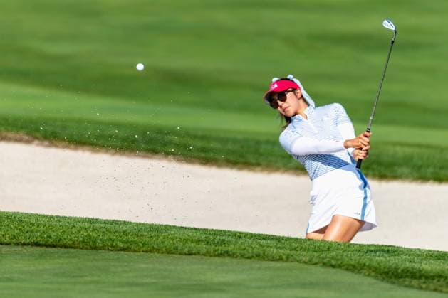 September 14, 2024, Gainesville, Va, USA: Team USA s ALISON LEE hits out of a bunker on the 14th hole during the afternoon four-ball matches on day two of the 2024 Solheim Cup. Gainesville USA - ZUMAb237 20240914_znp_b237_037 Copyright: xRobertxBlakleyx