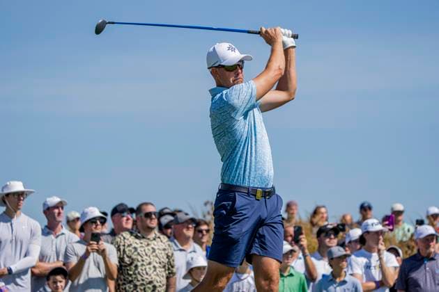 BOLINGBROOK, IL - SEPTEMBER 14: Ian Poulter of the Majesticks GC plays his shot from the second tee during day two of LIV Golf: Chicago at Bolingbrook Golf Club on September 14, 2024 in Bolingbrook, Illinois. (Photo by Ben Hsu Icon Sportswire) GOLF: SEP 14 LIV Golf League Chicago EDITORIAL USE ONLY Icon2242409140012