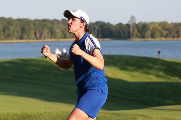 GAINESVILLE, VA - SEPTEMBER 14: Team Europe golfer Carlota Ciganda reacts to winning match on the 17th hole during Saturday Four-Ball during the 2024 Solheim Cup on September 14, 2024 at Robert Trent Jones Golf Club at Gainesville, Virginia. (Photo by Brian Spurlock Icon Sportswire) GOLF: SEP 14 Solheim Cup EDITORIAL USE ONLY Icon24091481
