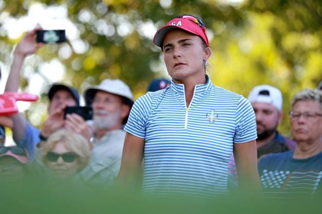 GAINESVILLE, VA - SEPTEMBER 14: Team USA golfer Lexi Thompson plays her tee shot on the 15th hole during Saturday Four-Ball during the 2024 Solheim Cup on September 14, 2024 at Robert Trent Jones Golf Club at Gainesville, Virginia. (Photo by Brian Spurlock Icon Sportswire) GOLF: SEP 14 Solheim Cup EDITORIAL USE ONLY Icon24091484