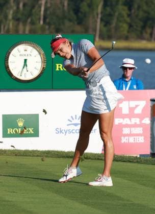 GAINESVILLE, VA - SEPTEMBER 14: Team USA golfer Lexi Thompson plays her tee shot on the 17th hole during Saturday Four-Ball during the 2024 Solheim Cup on September 14, 2024 at Robert Trent Jones Golf Club at Gainesville, Virginia. (Photo by Brian Spurlock Icon Sportswire) GOLF: SEP 14 Solheim Cup EDITORIAL USE ONLY Icon24091490