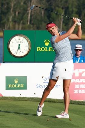 GAINESVILLE, VA - SEPTEMBER 14: Team USA golfer Lexi Thompson plays her tee shot on the 17th hole during Saturday Four-Ball during the 2024 Solheim Cup on September 14, 2024 at Robert Trent Jones Golf Club at Gainesville, Virginia. (Photo by Brian Spurlock Icon Sportswire) GOLF: SEP 14 Solheim Cup EDITORIAL USE ONLY Icon24091491