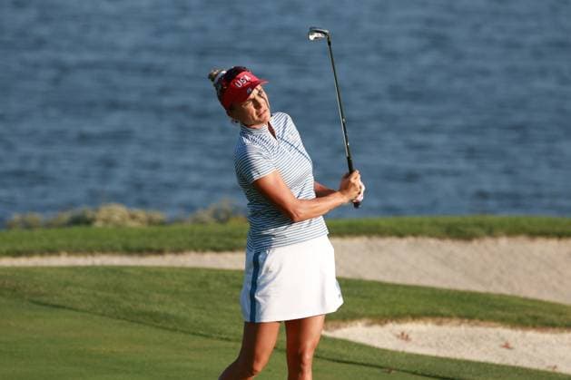 GAINESVILLE, VA - SEPTEMBER 14: Team USA golfer Lexi Thompson plays her second shot on the 17th hole during Saturday Four-Ball during the 2024 Solheim Cup on September 14, 2024 at Robert Trent Jones Golf Club at Gainesville, Virginia. (Photo by Brian Spurlock Icon Sportswire) GOLF: SEP 14 Solheim Cup EDITORIAL USE ONLY Icon24091494
