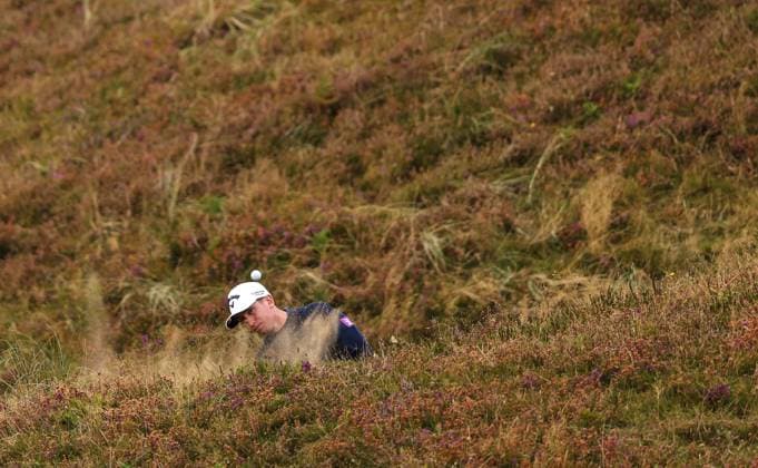 2024 Amgen Irish Open, Royal County Down, Newcastle, Northern Ireland 15 9 2024 Tom McKibbin plays from a bunker on the 1st Tom McKibbin plays from a bunker on the 1st 15 9 2024  Copyright: x INPHO BenxBradyx BB4_0073