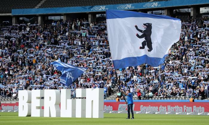Sport Bilder des Tages Berlin Schriftzug, Berlinfahne, Olympiastadion Sportstätte Übersicht Fußball Fussball DFL 2.Bundesliga Herren 5.Spieltag Saison 2024 2025 15.09.2024 Hertha BSC Berlin vs. Fortuna Düsseldorf DFL regulations prohibit any use of photographs as image sequences and or quasi-video