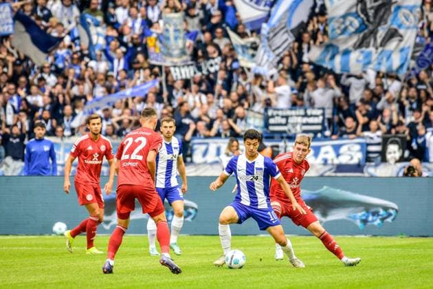 15.09.2024, xlakx, Fussball 2.Bundesliga, Hertha BSC Berlin - Fortuna Düsseldorf emspor, v.l. Danny Schmidt (Fortuna Düsseldorf 22),Ibrahim Maza (Hertha BSC 10),Isak Bergmann Johannesson (Fortuna Düsseldorf 8),Zweikampf, Duell, Kampf, tackle (DFL DFB REGULATIONS PROHIBIT ANY USE OF PHOTOGRAPHS as IMAGE SEQUENCES and or QUASI-VIDEO) Daniel Lakomski Jan Huebner Berlin