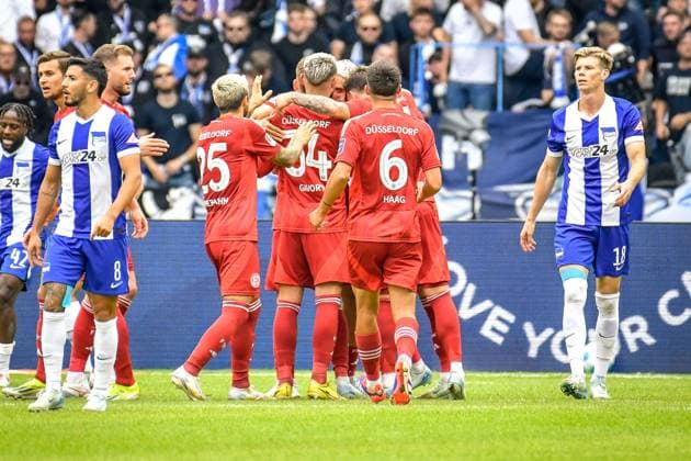 15.09.2024, xlakx, Fussball 2.Bundesliga, Hertha BSC Berlin - Fortuna Duesseldorf emspor, v.l. Jubel nach dem 0:2 Matthias Zimmermann (Fortuna Düsseldorf 25),Nicolas Gavory (Fortuna Düsseldorf 34),Jona Niemiec (Fortuna Düsseldorf 18),Giovanni Haag (Fortuna Düsseldorf 6) (DFL DFB REGULATIONS PROHIBIT ANY USE OF PHOTOGRAPHS as IMAGE SEQUENCES and or QUASI-VIDEO)Daniel Lakomski Jan Huebnert Berlin