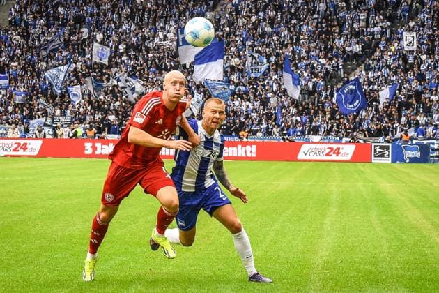 15.09.2024, xlakx, Fussball 2.Bundesliga, Hertha BSC Berlin - Fortuna Duesseldorf emspor, v.l. Valgeir Lunddal Fridriksson (Fortuna Düsseldorf 12),Jon Dagur Thorsteinsson(Hertha BSC),Zweikampf, Duell, Kampf, tackle (DFL DFB REGULATIONS PROHIBIT ANY USE OF PHOTOGRAPHS as IMAGE SEQUENCES and or QUASI-VIDEO)Daniel Lakomski Jan Huebnert Berlin
